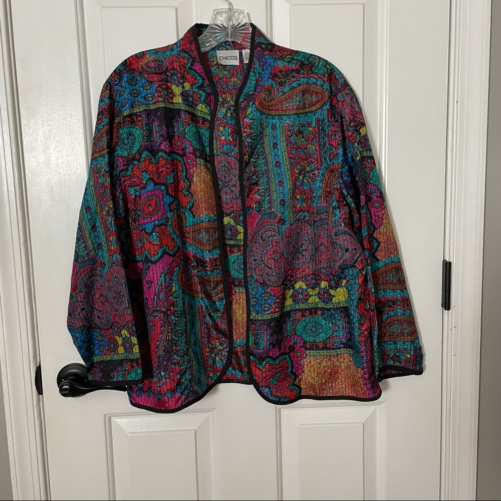 Chico’s Patterned Silk Open Front Sweater
